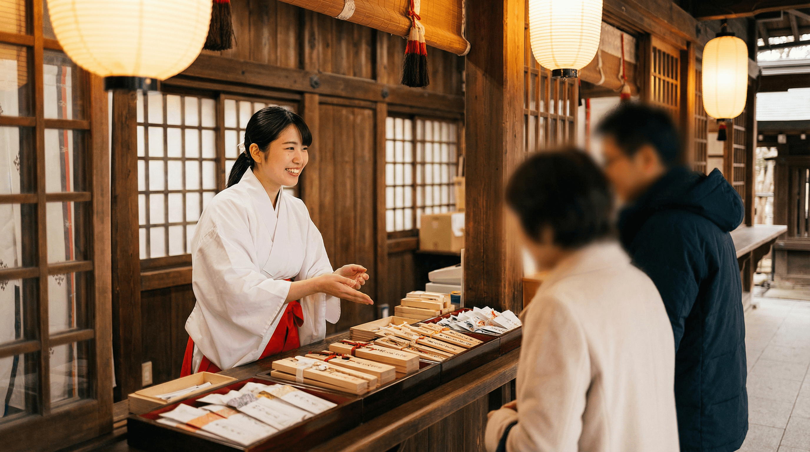社務所の受付カウンターと笑顔で対応する巫女